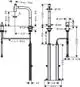 Technische Zeichnung eines Hansgrohe-Armaturensystems mit verschiedenen Maßen für die Montage und Entwässerung. Darstellungen zeigen Seiten- und Frontansicht.